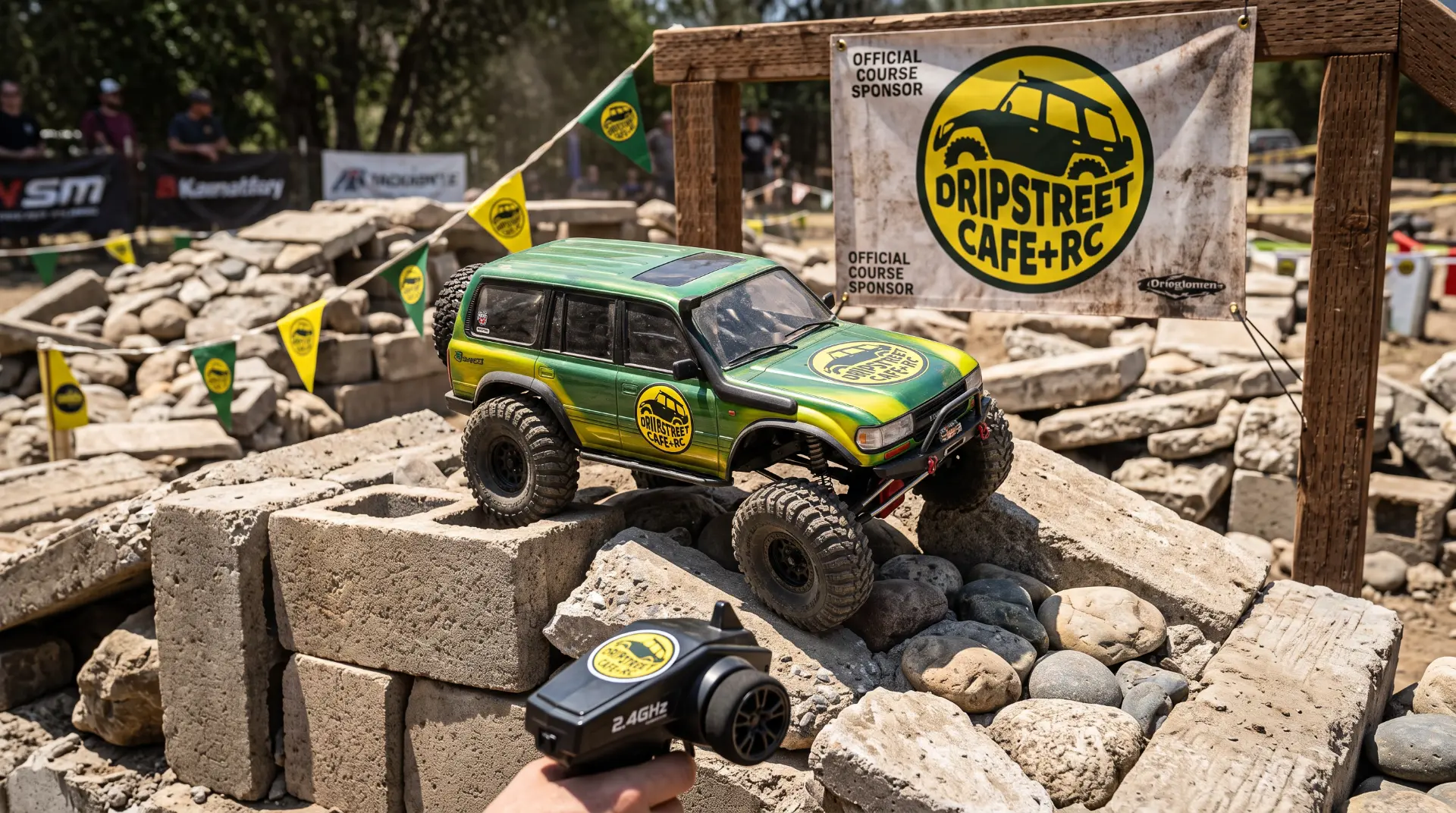 Drip Street Cafe + RC branded banner and RC crawler on a rock course
