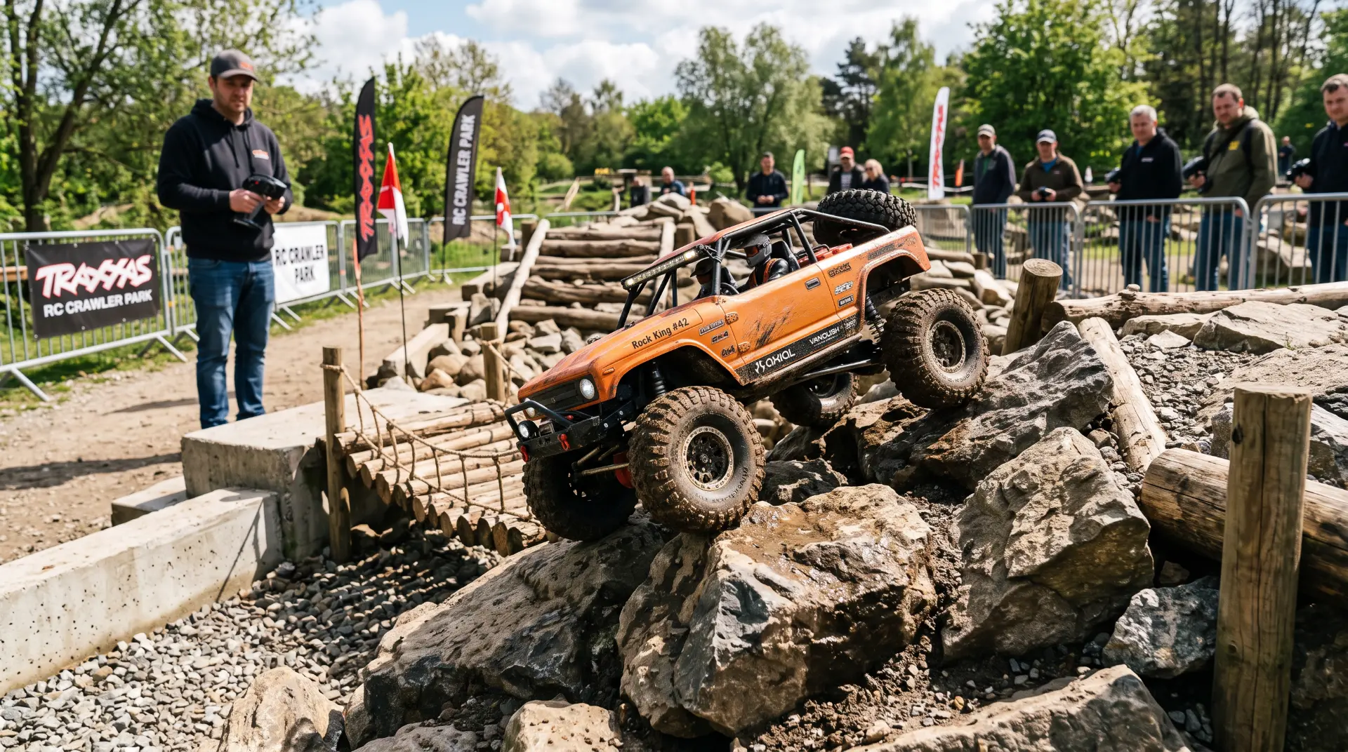 RC crawler climbing rocks during an outdoor event