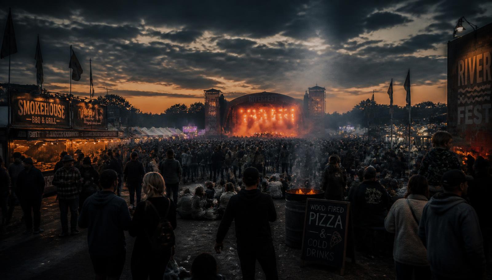 Crowd gathered at an outdoor festival ground at dusk with a lit main stage