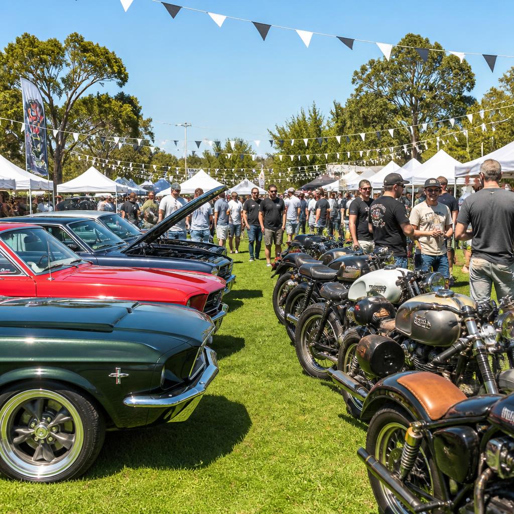 Classic cars and custom motorcycles lined up on a bright midday festival field, with people walking between white tents and pennant flags
