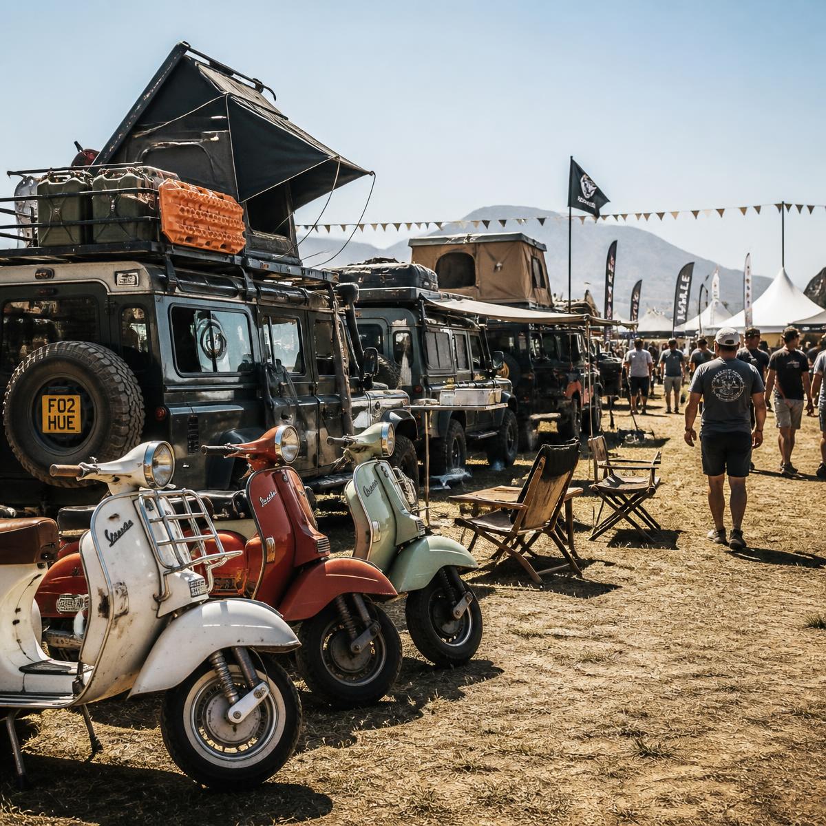 Overlanding 4x4 rigs with roof tents and camping gear parked beside motorcycles on a festival field