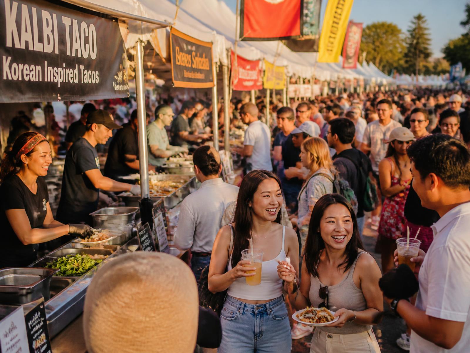 Busy festival food stalls with vendors serving a happy afternoon crowd